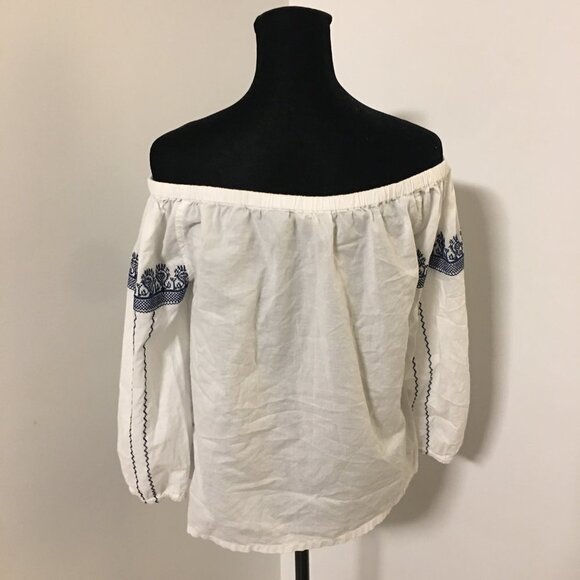 MADEWELL White Blue Cotton Off Shoulder Peasant Embroidered Blouse Top Small - Picture 6 of 10